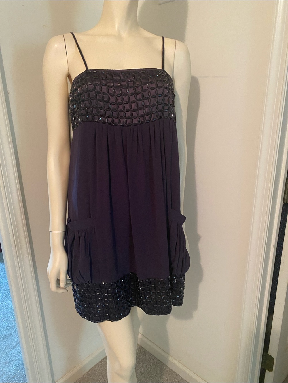 Embellished Plum Mini Dress with Pocket Detail